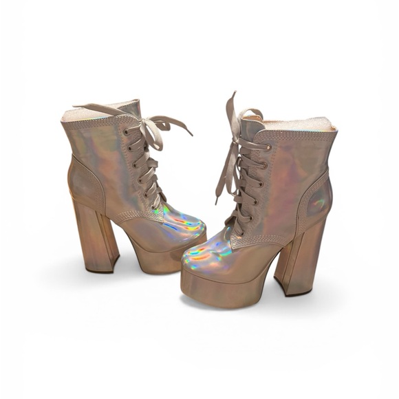 Dolls Kill N.Y. L.A. Holographic Platform Lace-Up Heeled Boots - Iridescent - Picture 5 of 7